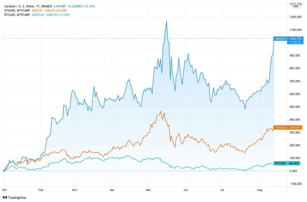 Chart zeigt prozentualen Verlauf von Cardano, Ether und Bitcoin