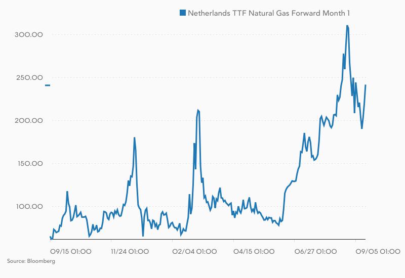 Chart zeigt Dutch TTF-Gaspreis im Verlauf der letzten zwölf Monate
