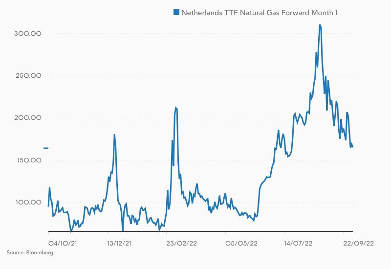 Kursverlauf im Terminmarkt-Gaspreis in den letzten zwölf Monaten