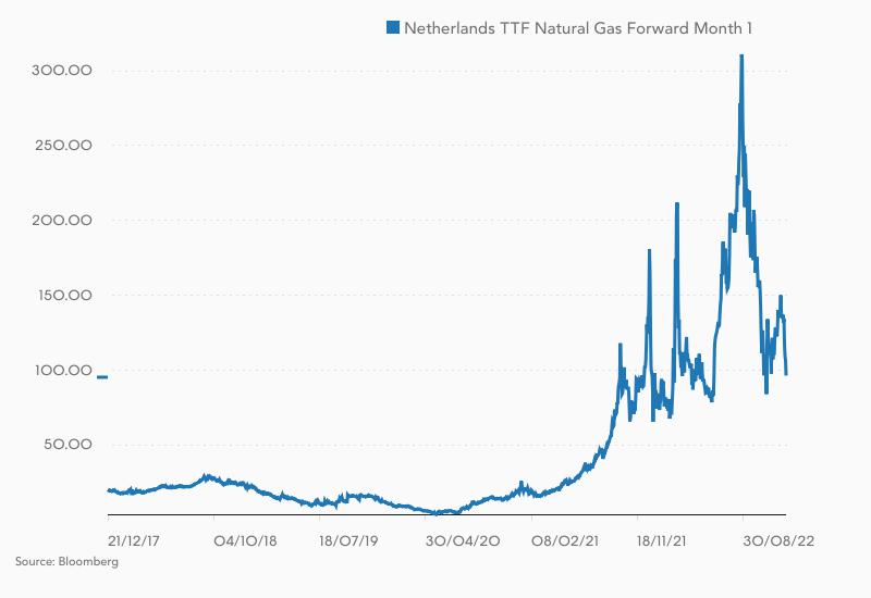 Verlauf im Dutch TTF-Gaspreis in den letzten fünf Jahren