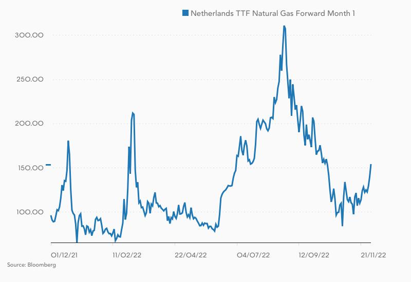 Kursverlauf im Dutch TTF-Gaspreis in den letzten 12 Monaten