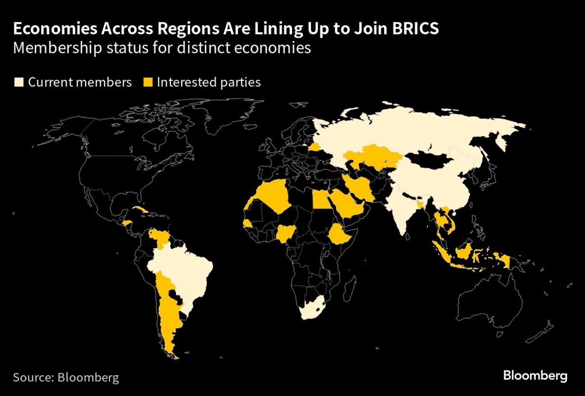 Karte von BRICS-Ländern und Beitrittsinteressenten