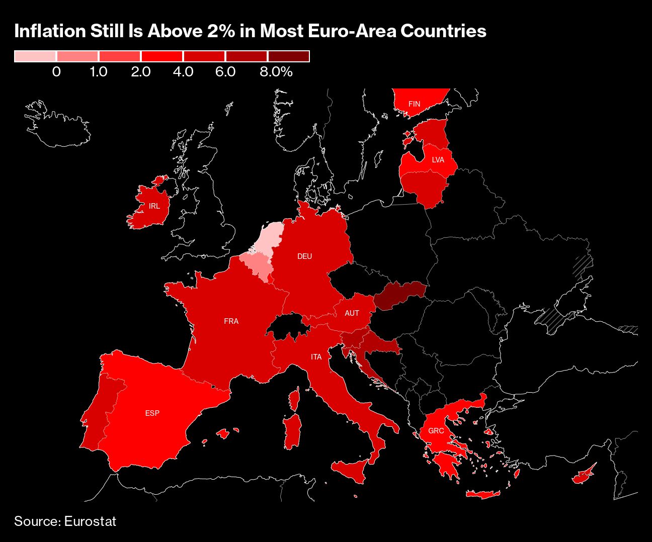 Karte mit Höhe der Inflation je Land in der Eurozone