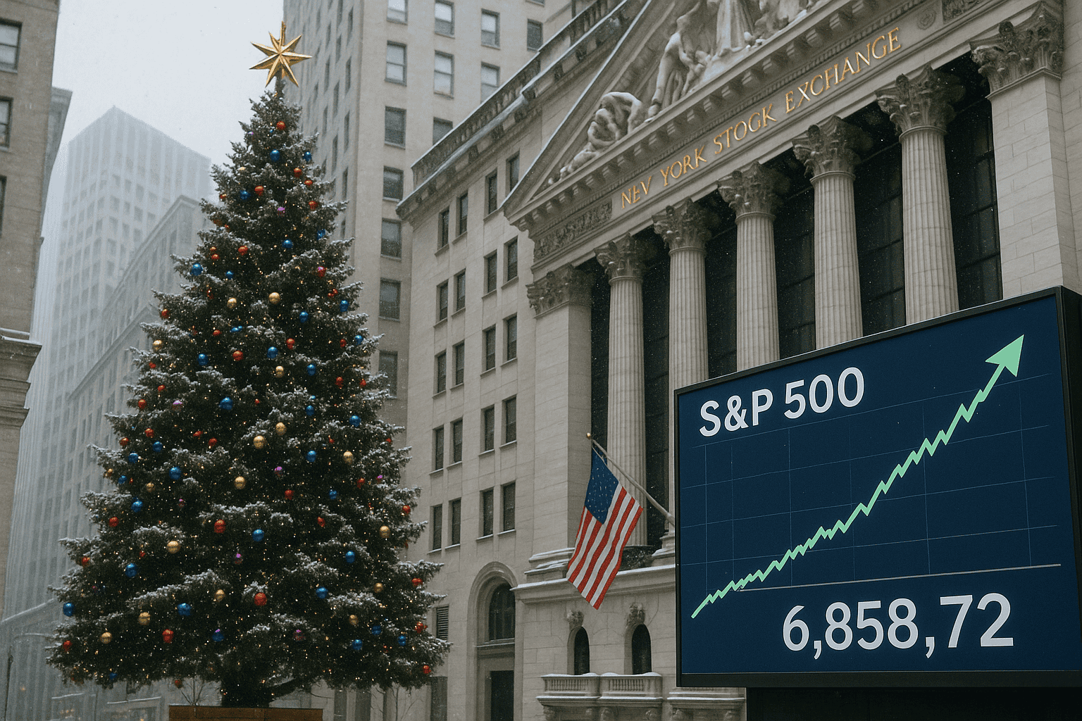 Festlicher Weihnachtsbaum vor der New York Stock Exchange während der Börsenperformance.
