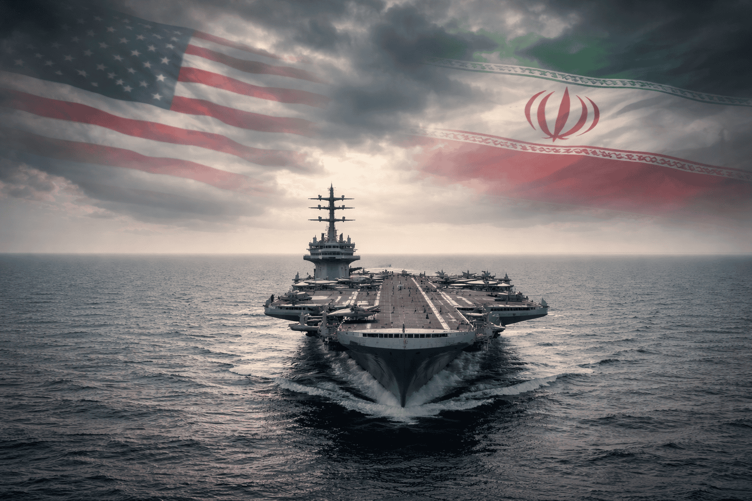 Flagge und iranische Flagge über einem Flugzeugträger im Meer, symbolisieren geopolitische Spannunge.