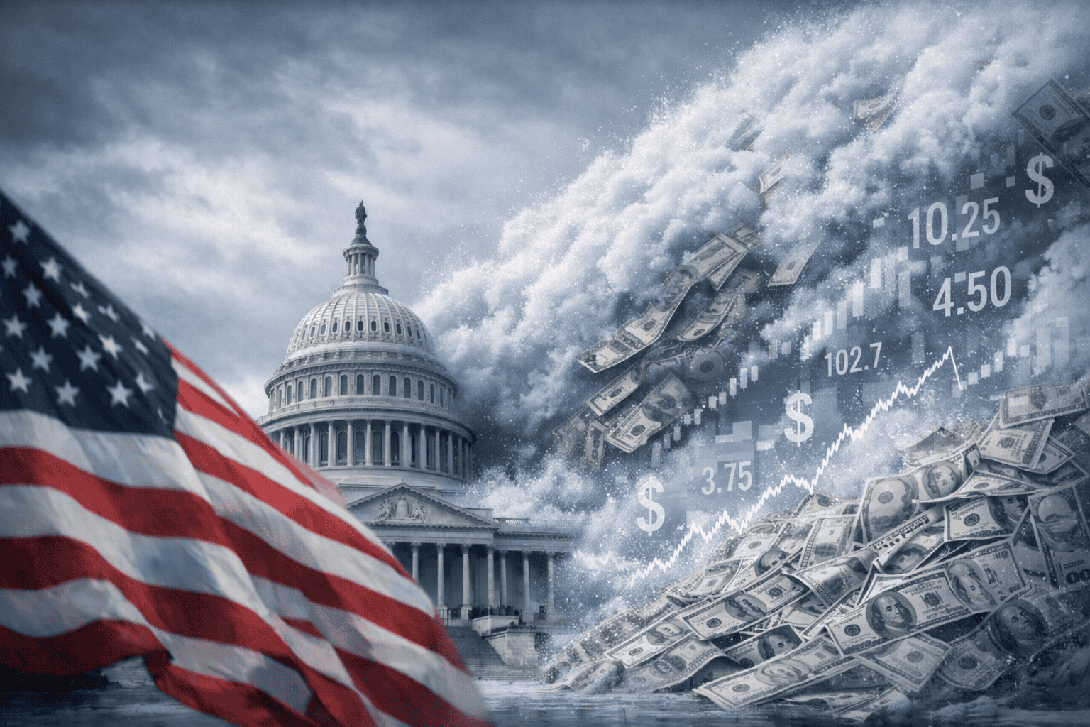 Hochwasser an der US-Regierung, Finanzmärkte und Schuldenkrise, mit US-Flagge im Vordergrund.