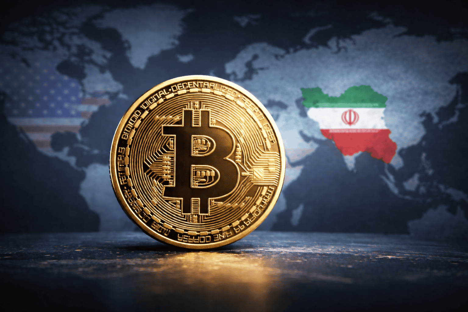 Bitcoin-Münze vor Weltkarte mit Iran-Flagge, symbolisiert Kryptowährung und geopolitische Einflüsse.