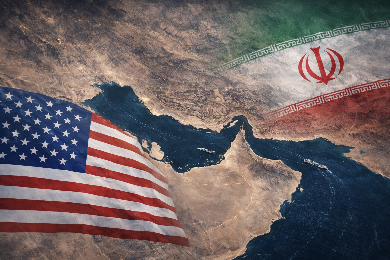 Amerikanische und iranische Flaggen über der Landkarte des Nahen Ostens, symbolisieren geopolitische.