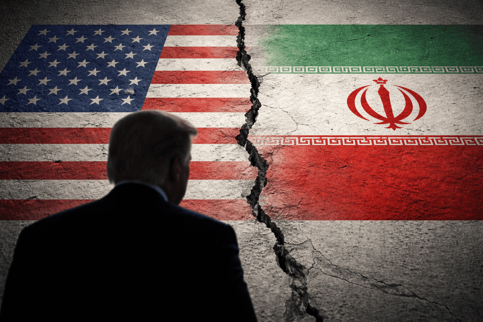 USA und Iran Flagge mit Riss, symbolisiert Spannungen im internationalen Friedensprozess.