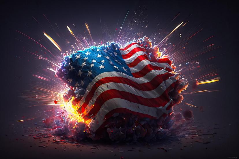 Amerikanische Flagge in einer Explosion, symbolisiert wirtschaftliche Veränderungen.