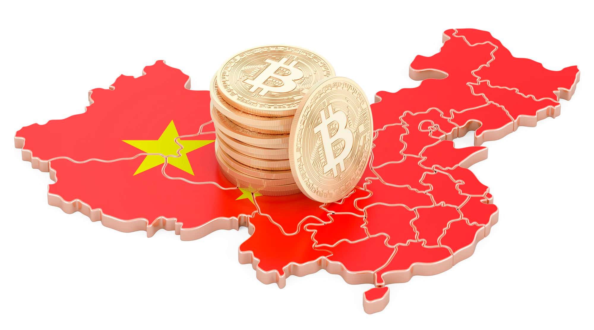 China-Flagge und Bitcoin-Münzen auf einer Karte, symbolisieren Wirtschaft und Kryptowährungen.