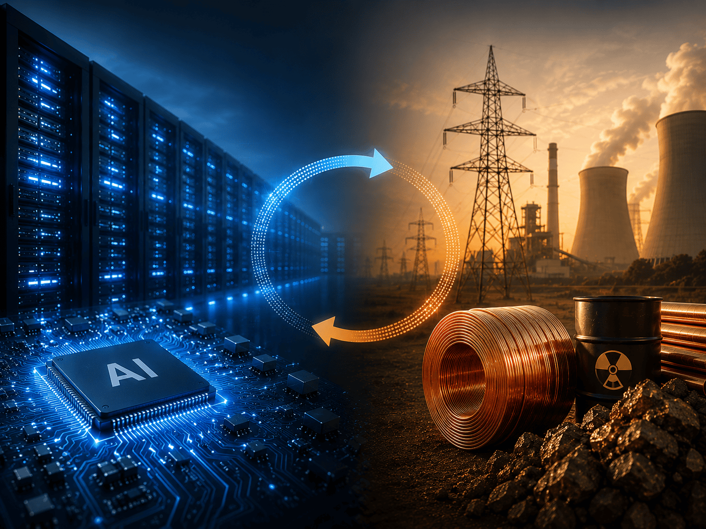 Hochleistungsrechenzentrum und Kraftwerksanlagen mit digitaler Energieübertragung.