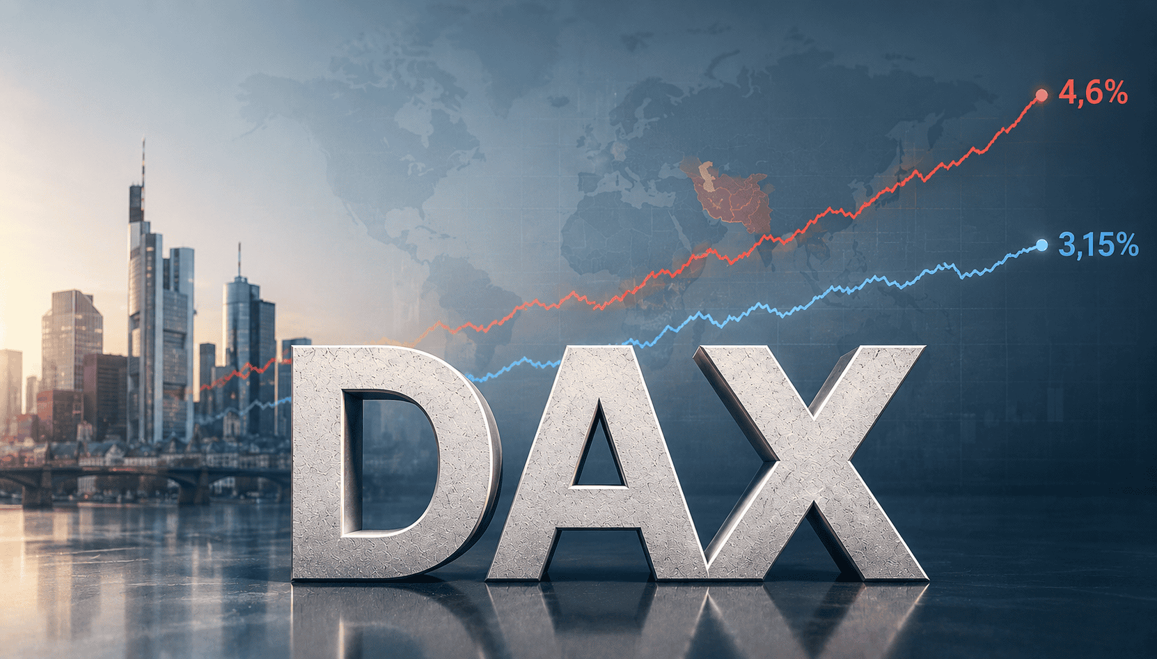 DAX-Chart mit steigenden Kursen und prozentualen Zuwächsen, Skyline im Hintergrund.