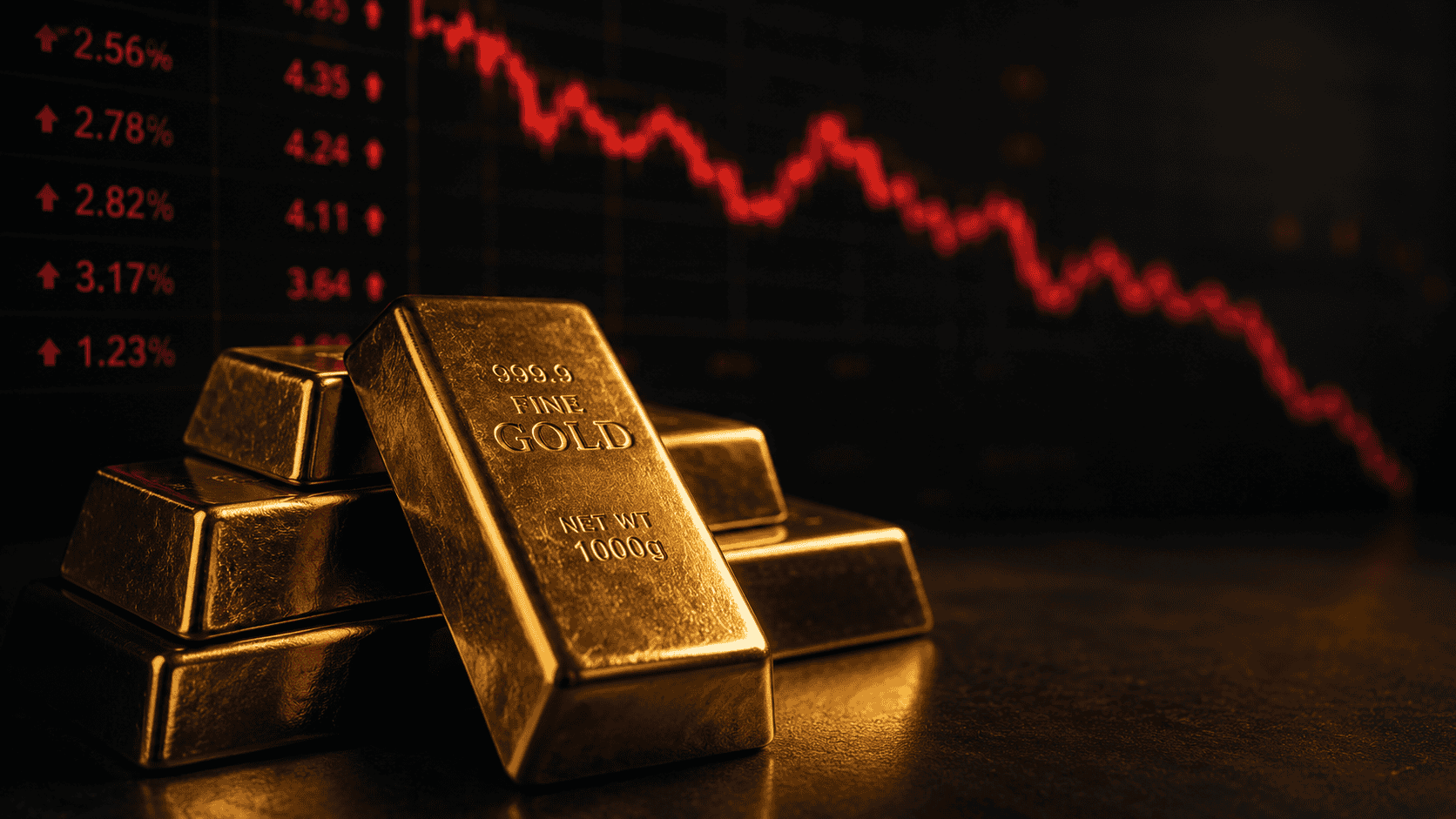 Hochwertige Goldbarren vor fallendem Aktienkurs im Hintergrund, Investment, Sicherheit, Edelmetalle,.