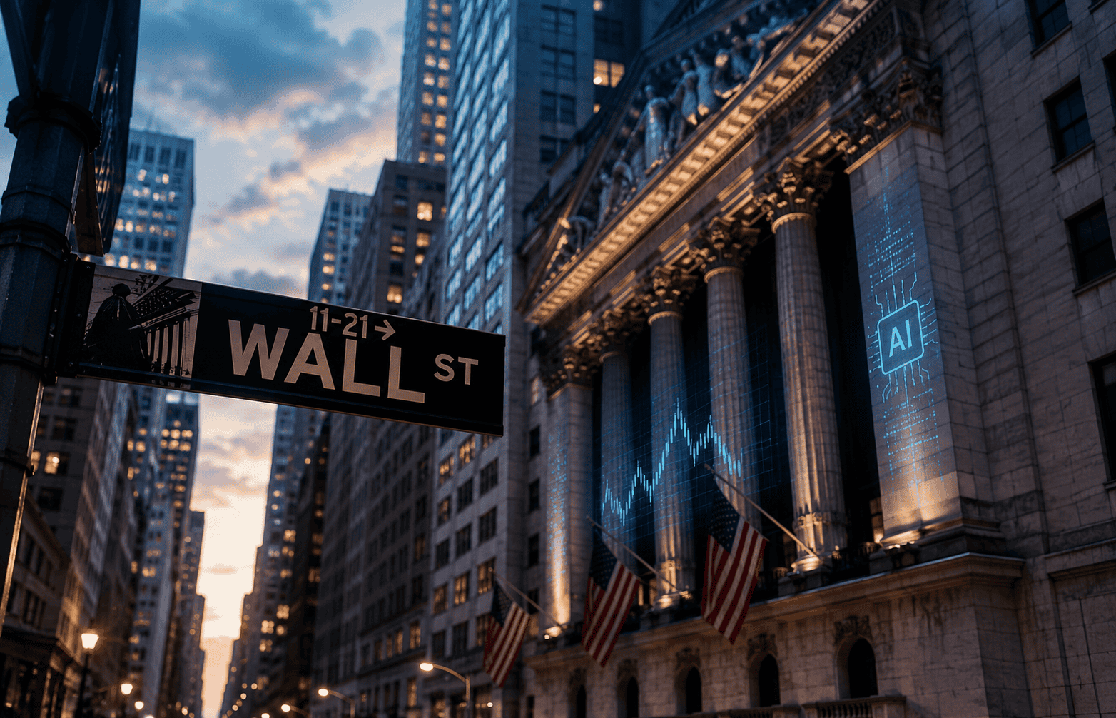 Hochhäuser in New York mit Wall Street-Schild und Finanzcharts bei Sonnenuntergang.