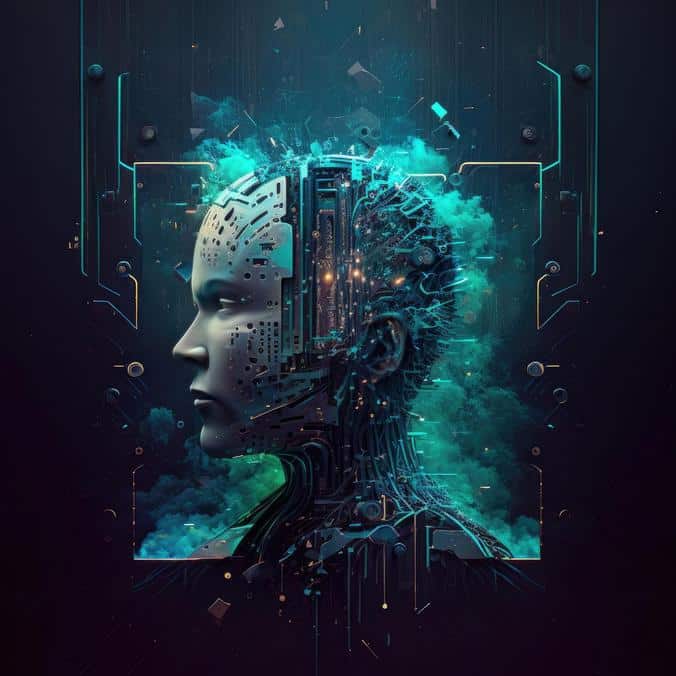 Fortschrittliche KI-Technologie und menschliche Intelligenz im digitalen Zeitalter.