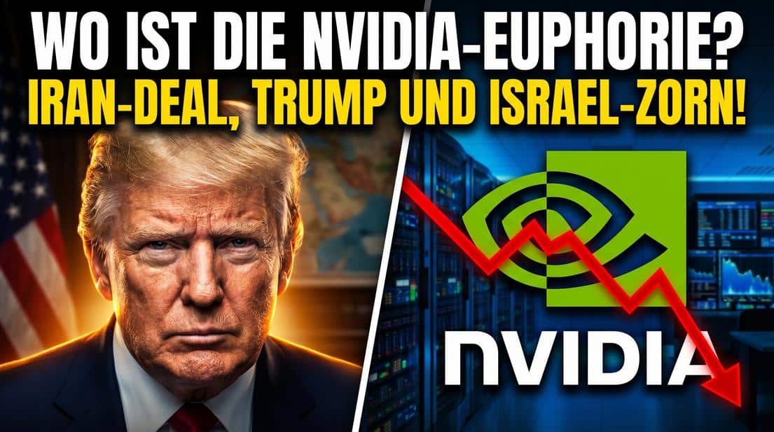 Hauptbild zeigt Donald Trump und NVIDIA-Logo mit fallendem Kurs, Bezug zu Iran, Trump und Israel.