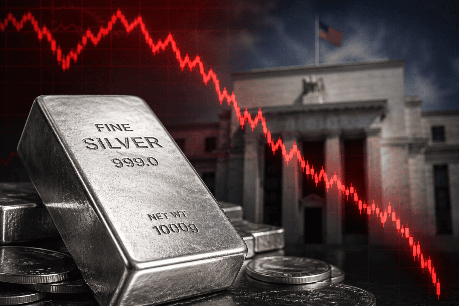 Silberbarren vor fallendem Aktienkurs und Brandenburger Tor im Hintergrund, Finanzmarktkrise, Edelme.