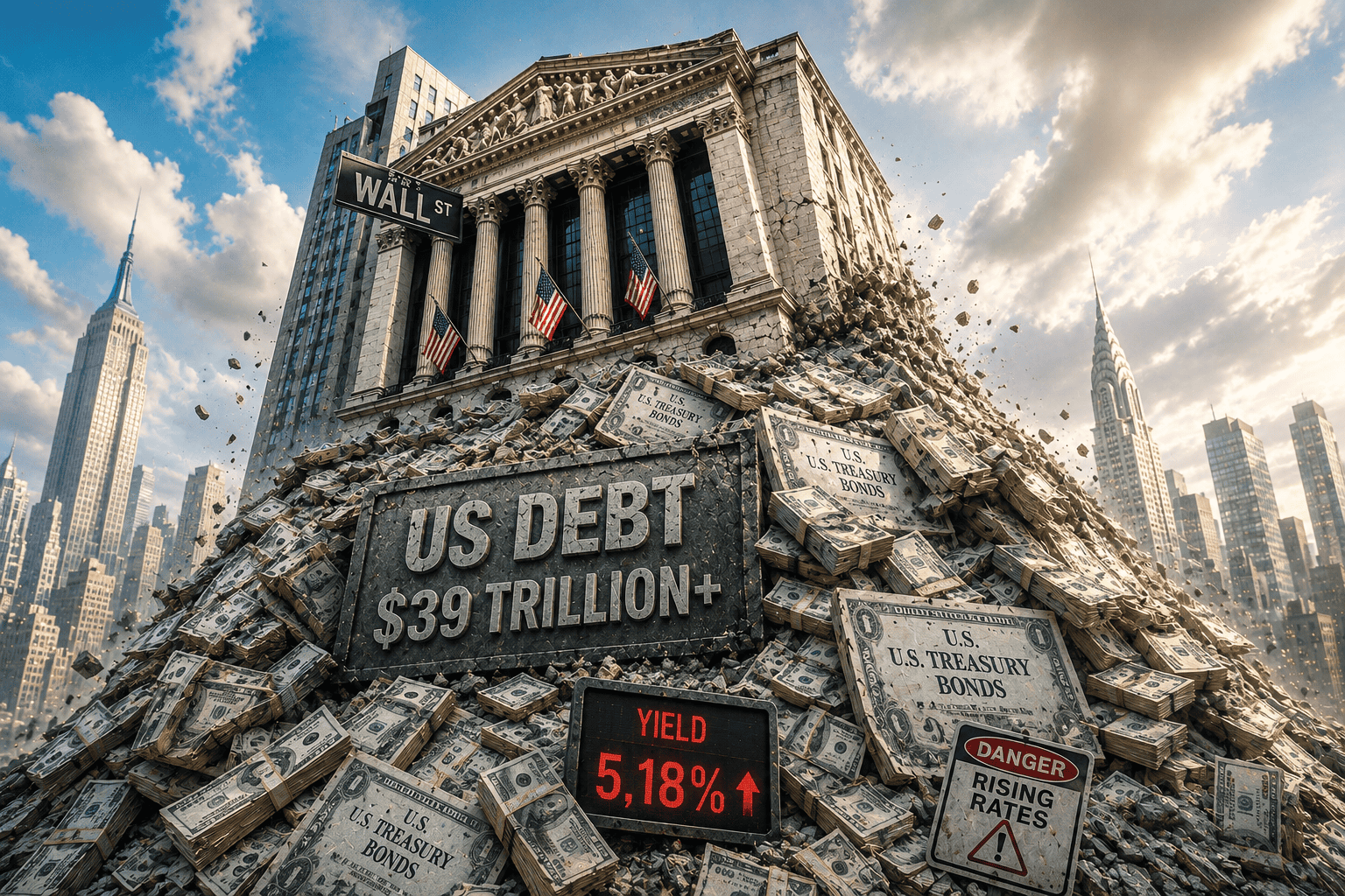 US-Staatsverschuldung steigt auf über 39 Billionen Dollar, mit steigenden Zinsen und Risiken. Finanz.