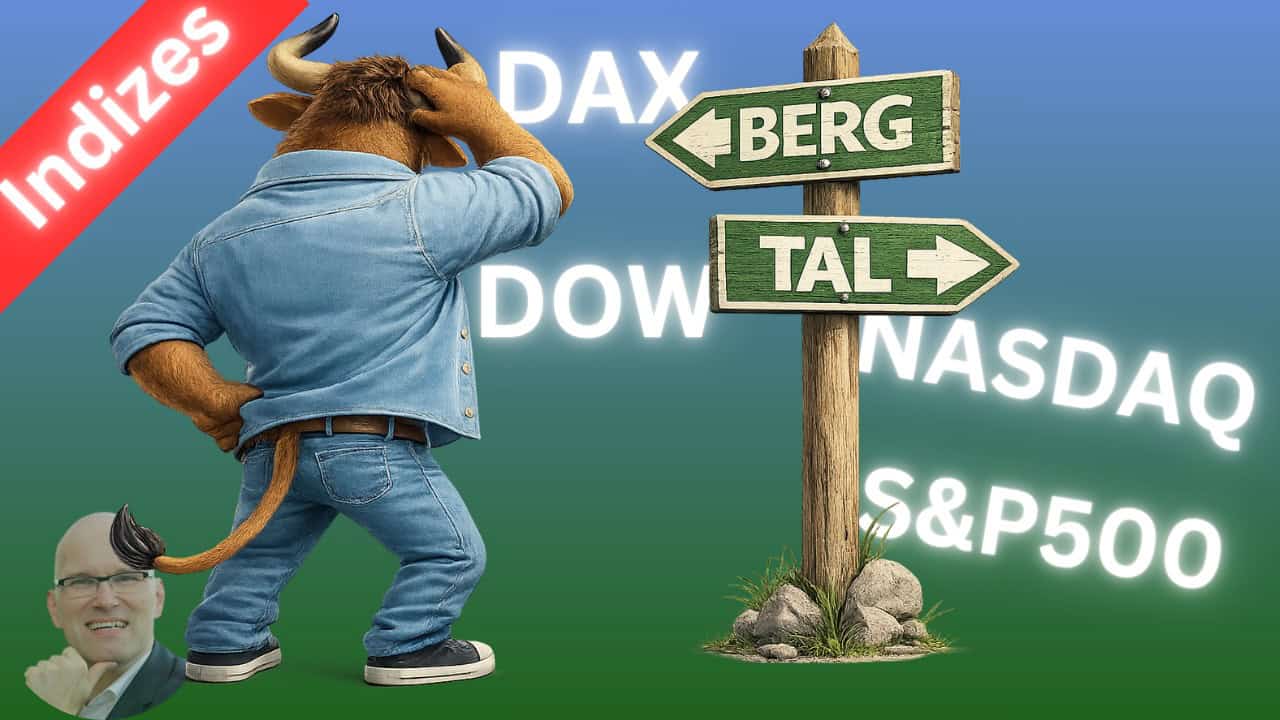 Verwirrter Bulle vor Wegweiser mit Börsenbegriffen, symbolisiert Unsicherheit an den Finanzmärkten.