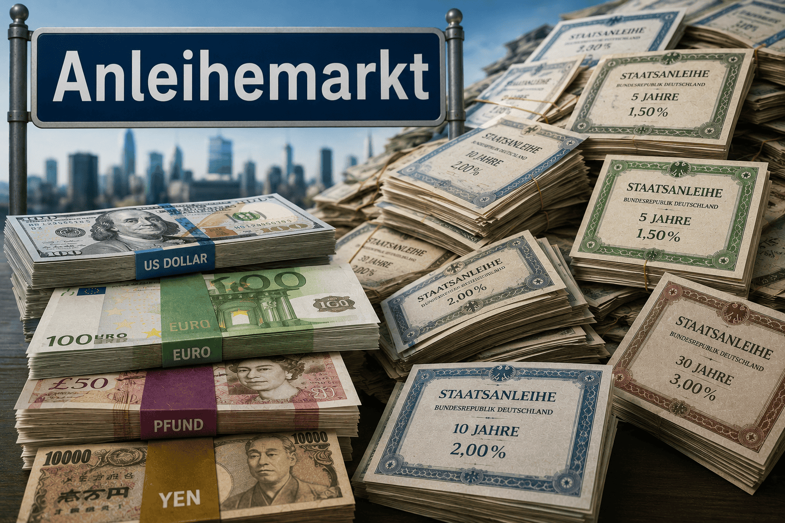 Hochwertige Anleihen und Währungen vor einem Anleihenmarkt-Schild.