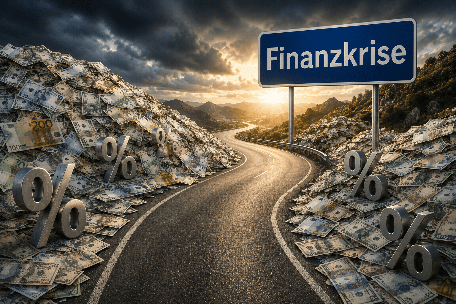 Höhere Geldmengen und Prozentzeichen auf einer Straße, die zu einer "Finanzkrise" führt.
