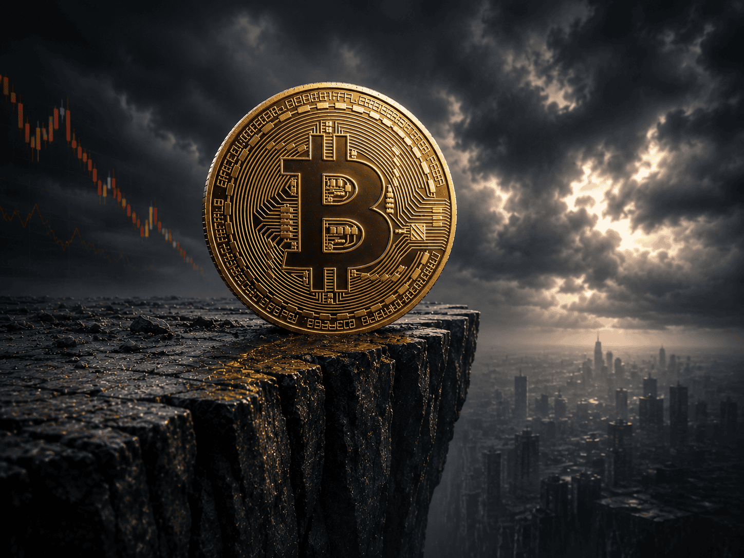 Bitcoin-Münze auf einer Brücke mit düsterem Stadtblick und fallenden Kurslinien im Hintergrund.