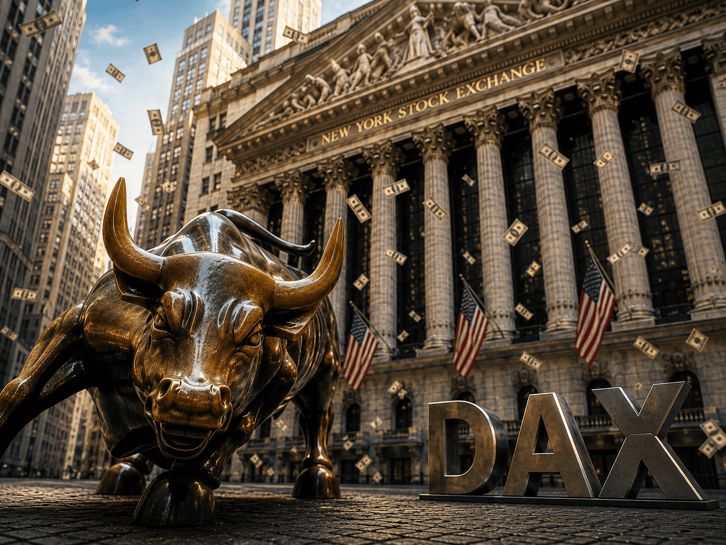 Bulle vor der New York Stock Exchange, Symbol für Finanzmarktstärke.