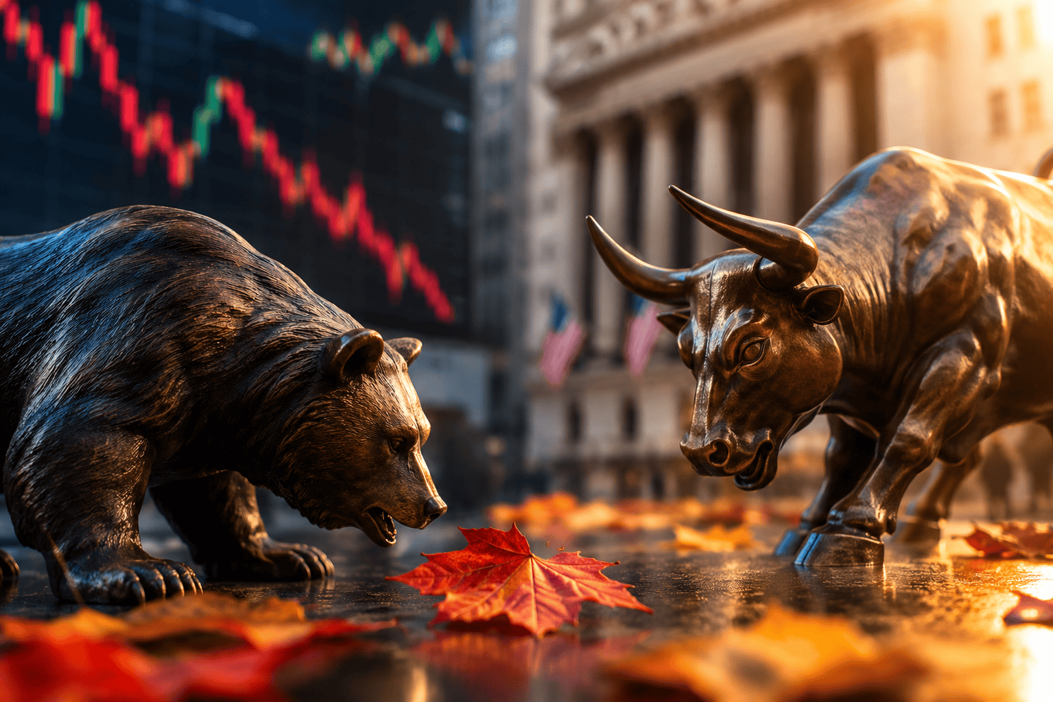 Bullen und Bären an der Börse symbolisieren Markttrends und Volatilität.