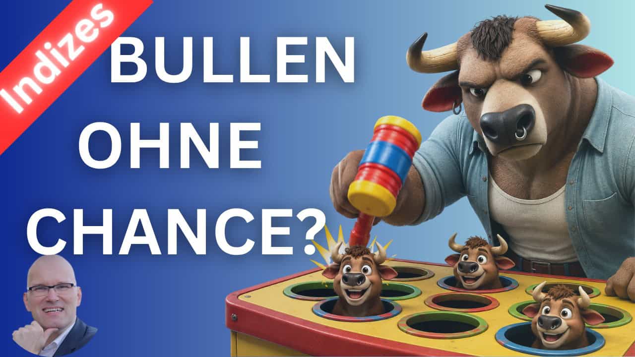Bullen ohne Chance: Animierter Bulle mit Hammer in Bullenmarkt-Design.