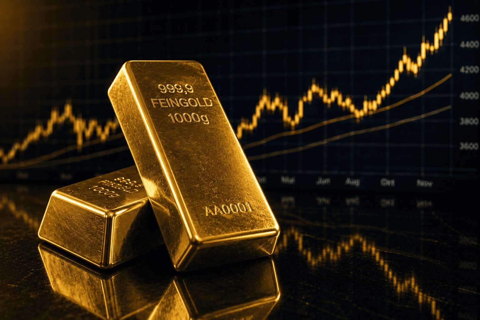 Goldbarren vor einem Finanzchart mit Aufwärtstrend.