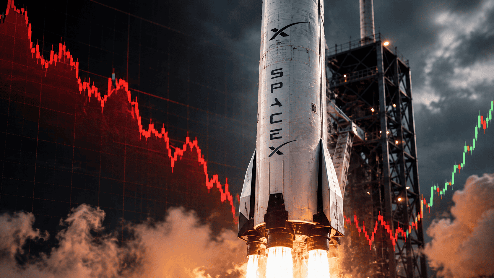 SpaceX-Rakete vor fallendem Aktienkurs im Hintergrund.