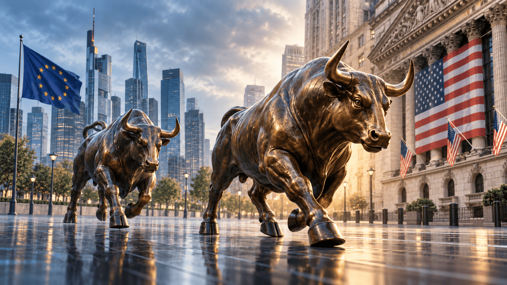 Bullen-Statue an der Wall Street in New York bei Sonnenaufgang.