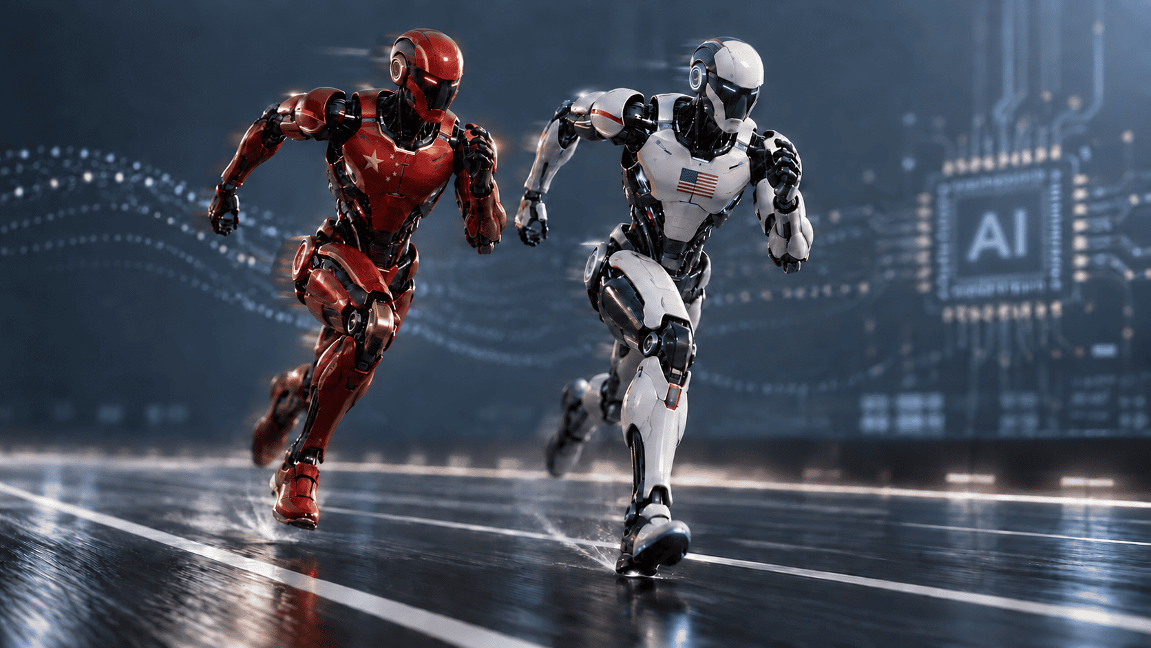 Roboter im Wettlauf, symbolisiert technologische Konkurrenz zwischen China und USA.