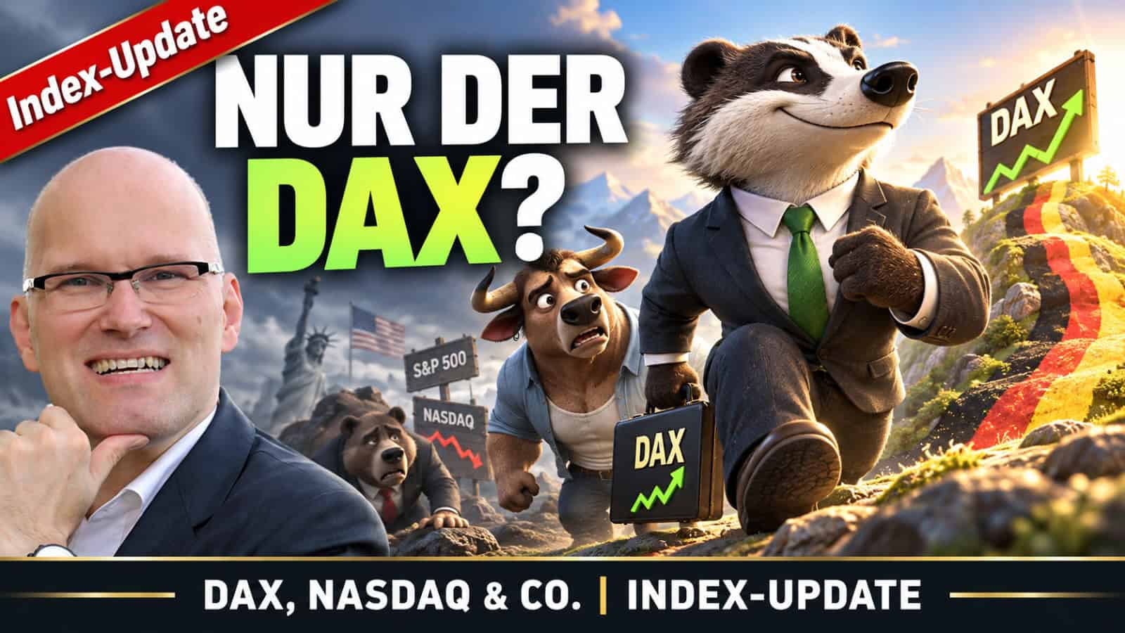 Bär, Bison und Waschbär als Börsen-Charaktere vor DAX-Chart bei Index-Update.