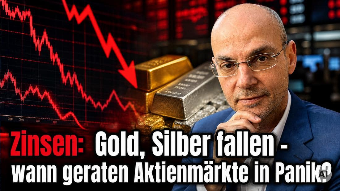 Aktienmarkt mit fallenden Kursen, Gold- und Silberbarren im Vordergrund.