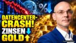 Finanzexperte vor Goldbarren und Datencrash-Grafik, Fokus auf Zinsen und Goldpreis.